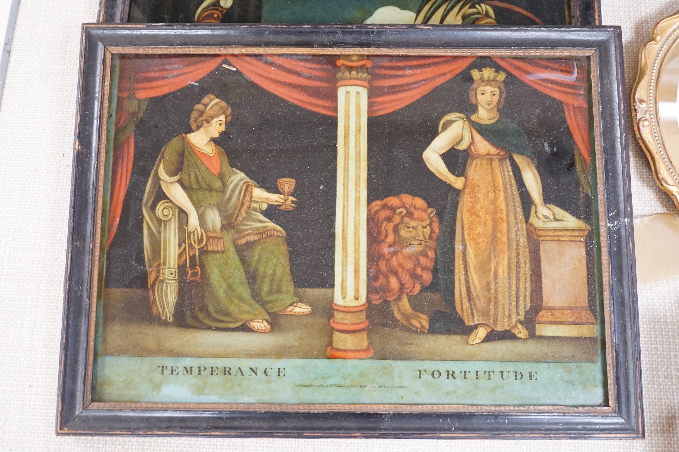W.R. Walker publ., four reverse prints on glass, ‘Tribute to the memory of Admiral Lord Nelson’, ‘Admiral Lord Nelson falling into the arms of Victory’, ‘Temperance/Fortitude Europe/Asia’, 25 x 35cm